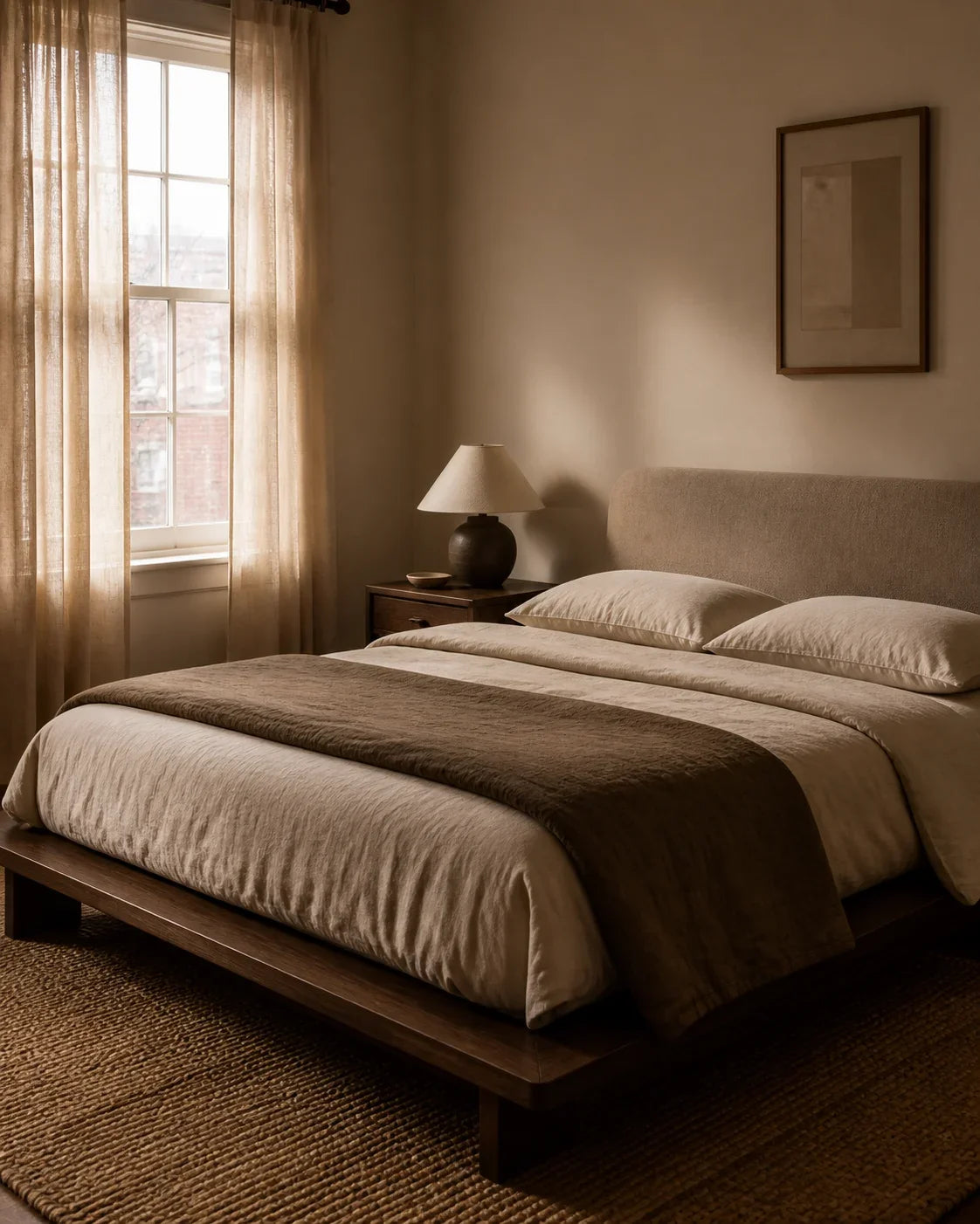 Upholstered bed with a brown quilted cover in a sunlit bedroom