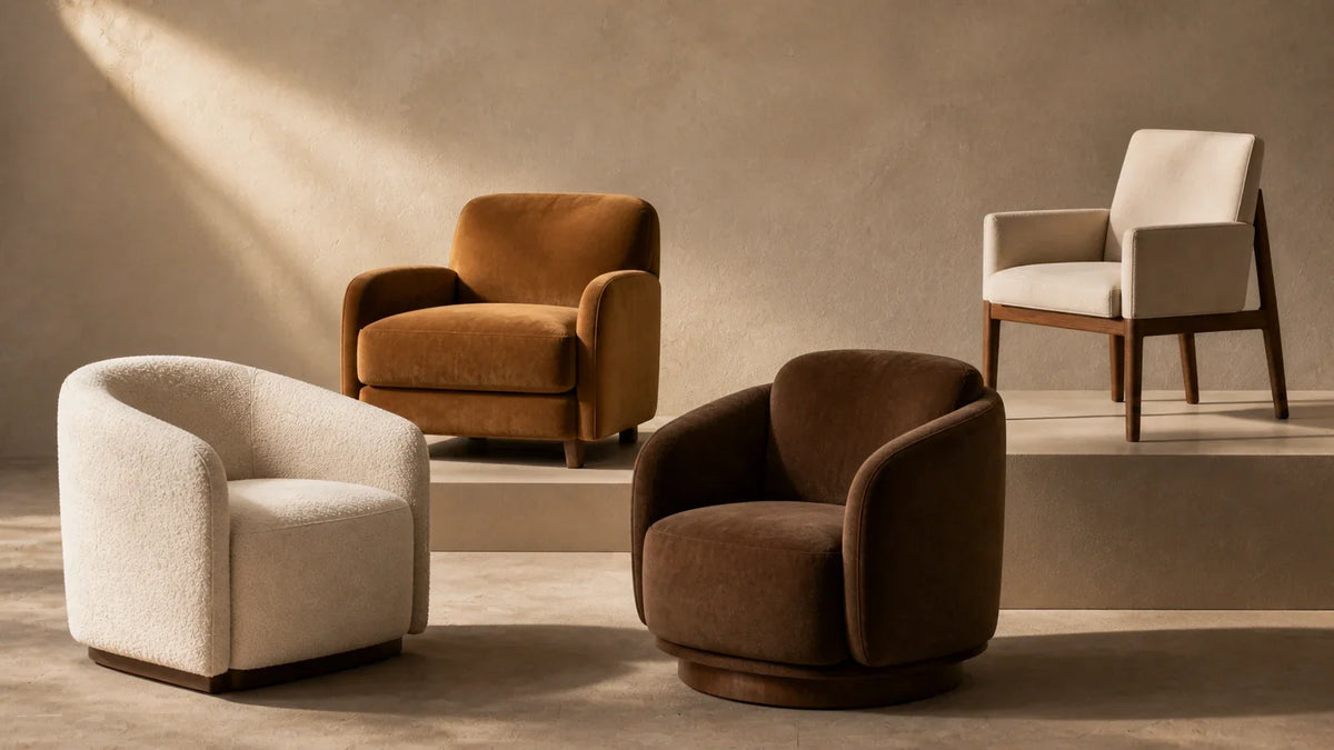Boucle and leather lounge chairs grouped on a pale rug in a bright room