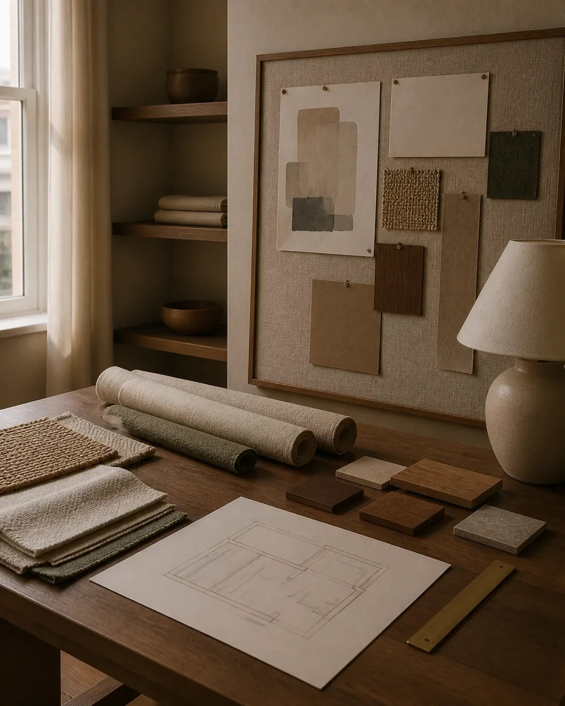 Rolled rugs and woven material samples laid out beside a plaster wall