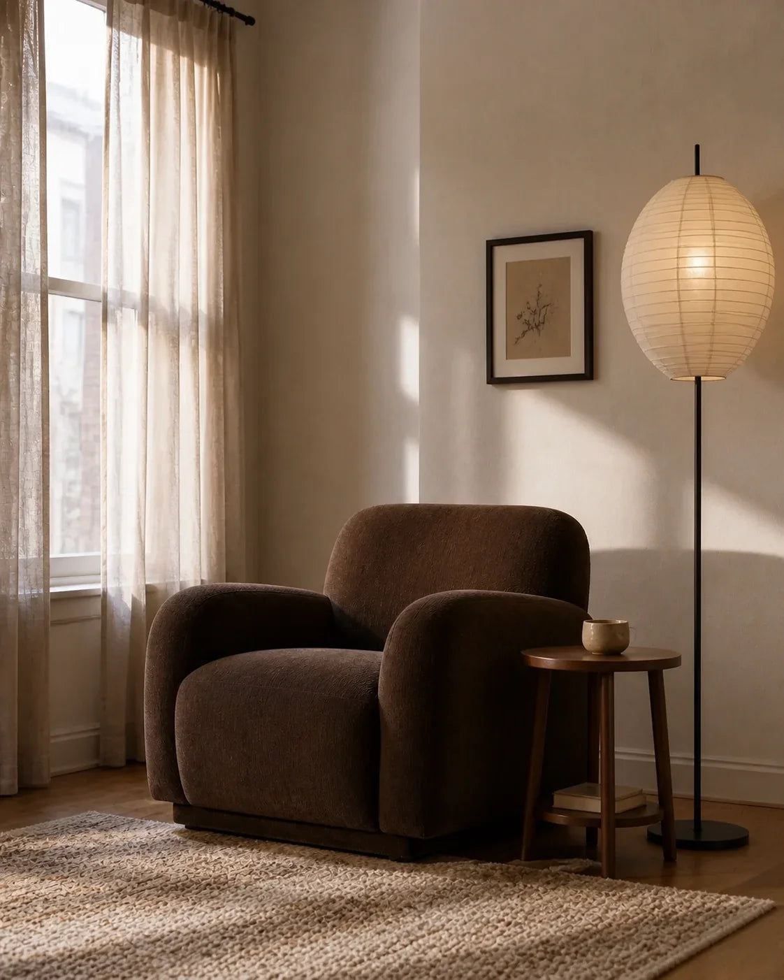 Brown lounge chair with a small round side table under a paper floor lamp