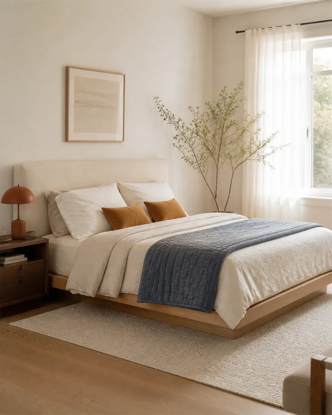 Low platform bed dressed in cream linen with a blue throw at the foot