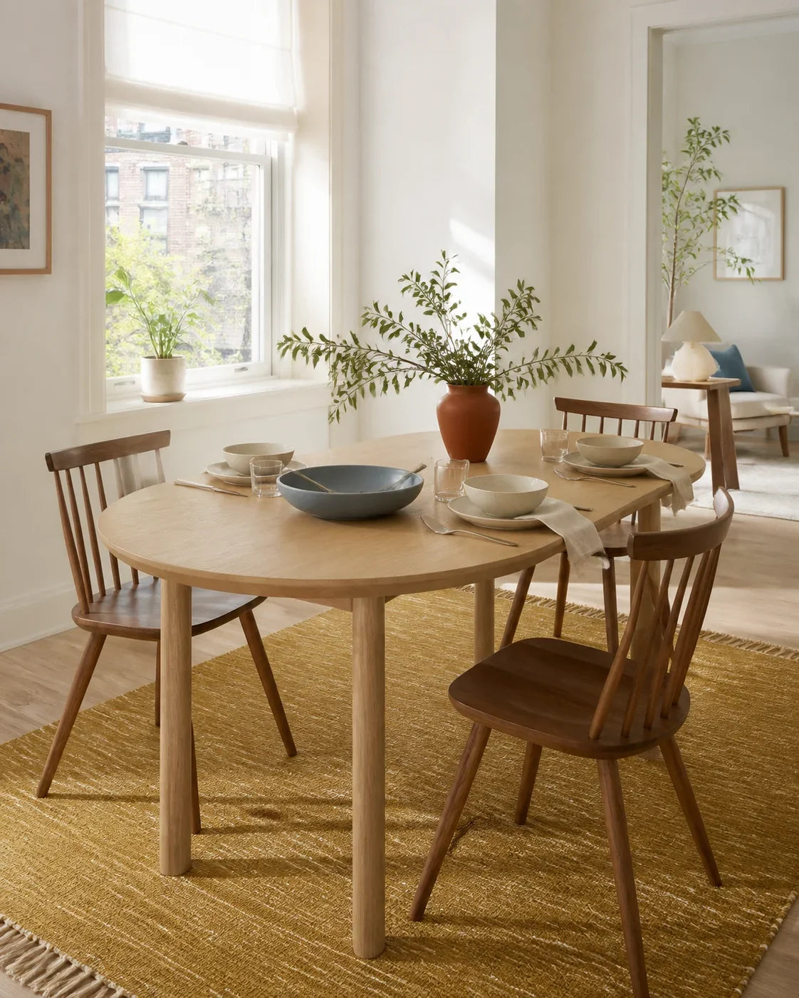 Round oak dining table with spindle-back chairs and set plates