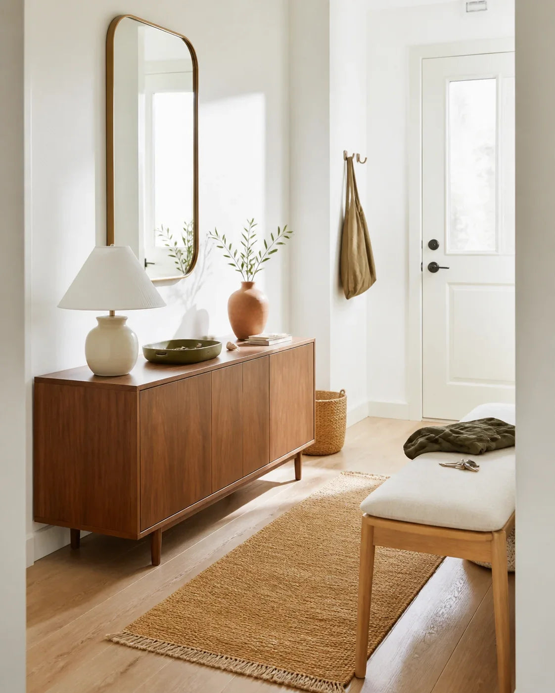 Walnut sideboard beside an entry door with a lamp and small bowls on top