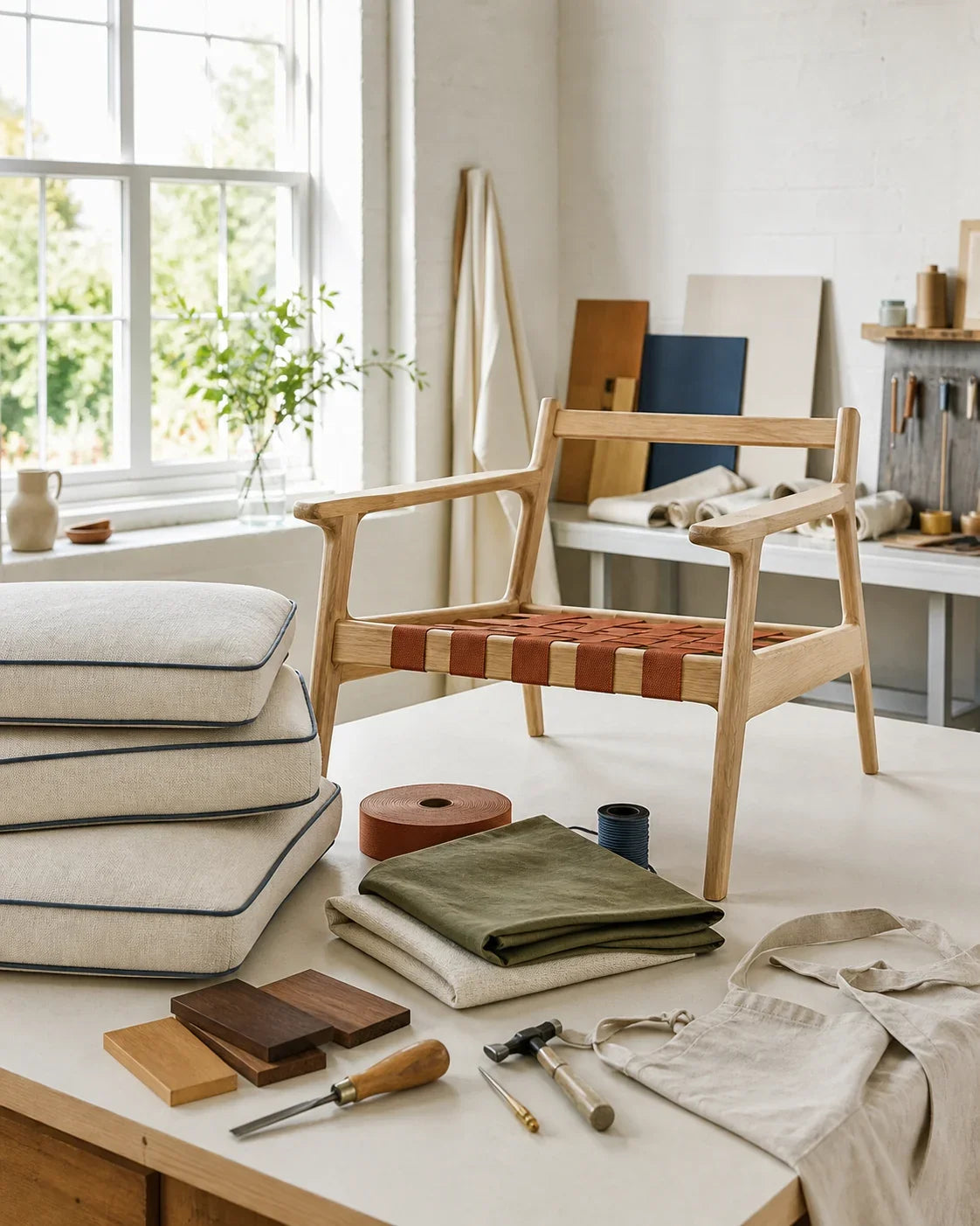 Light oak chair frame and webbing samples on a workshop bench