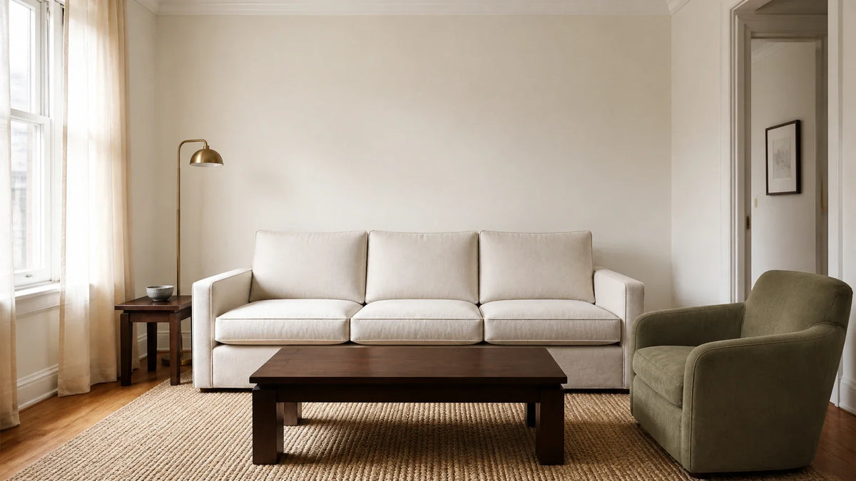 Cream sofa and dark wood coffee table on a jute rug in a bright living room