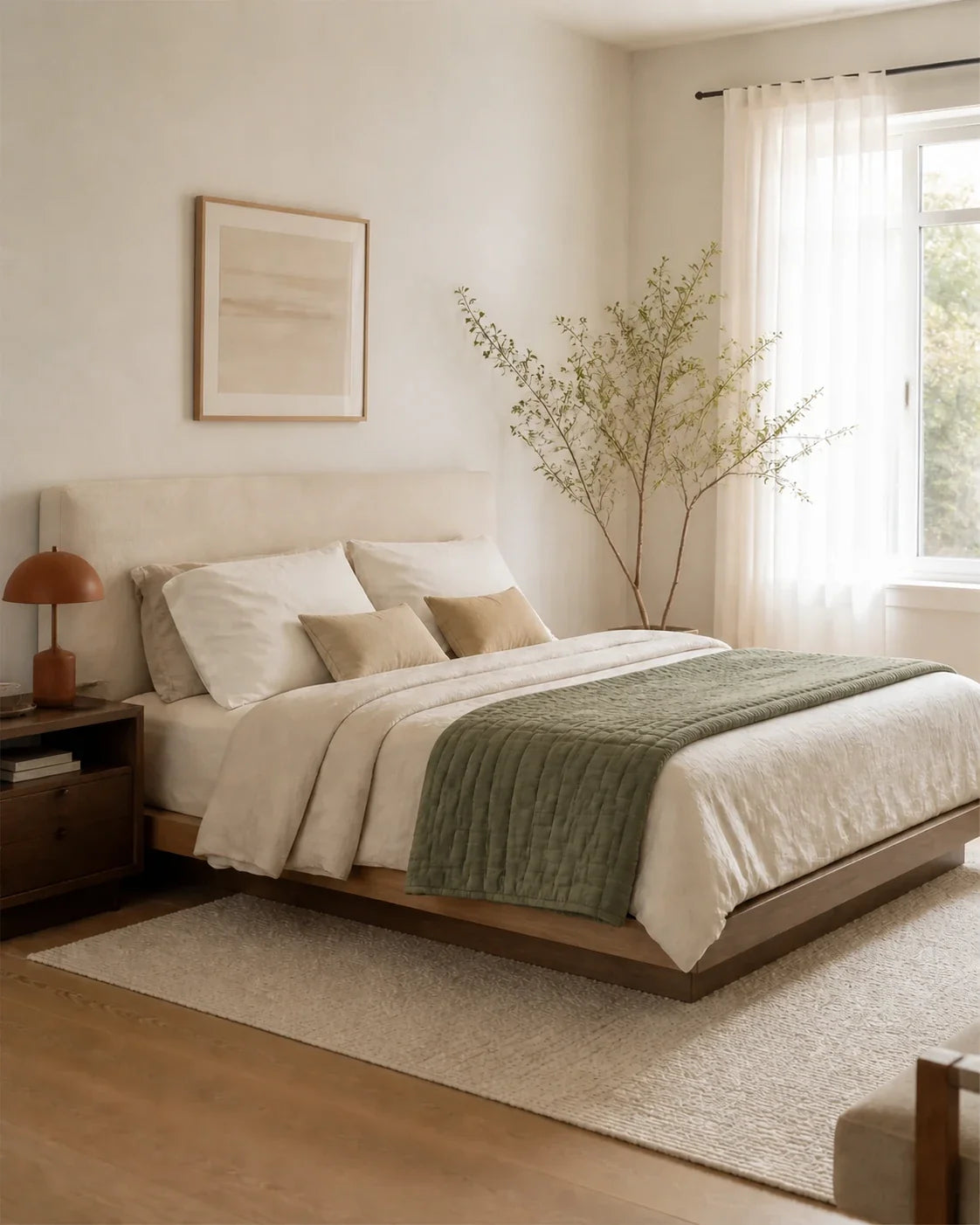 Bed with an olive throw and a pale rug running under both sides