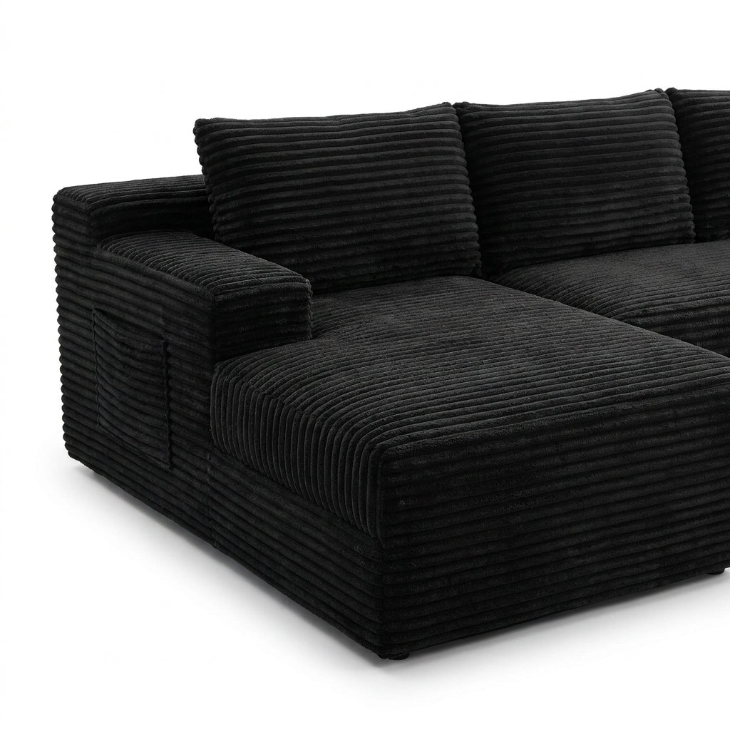 Close view of wide-wale corduroy upholstery ridges