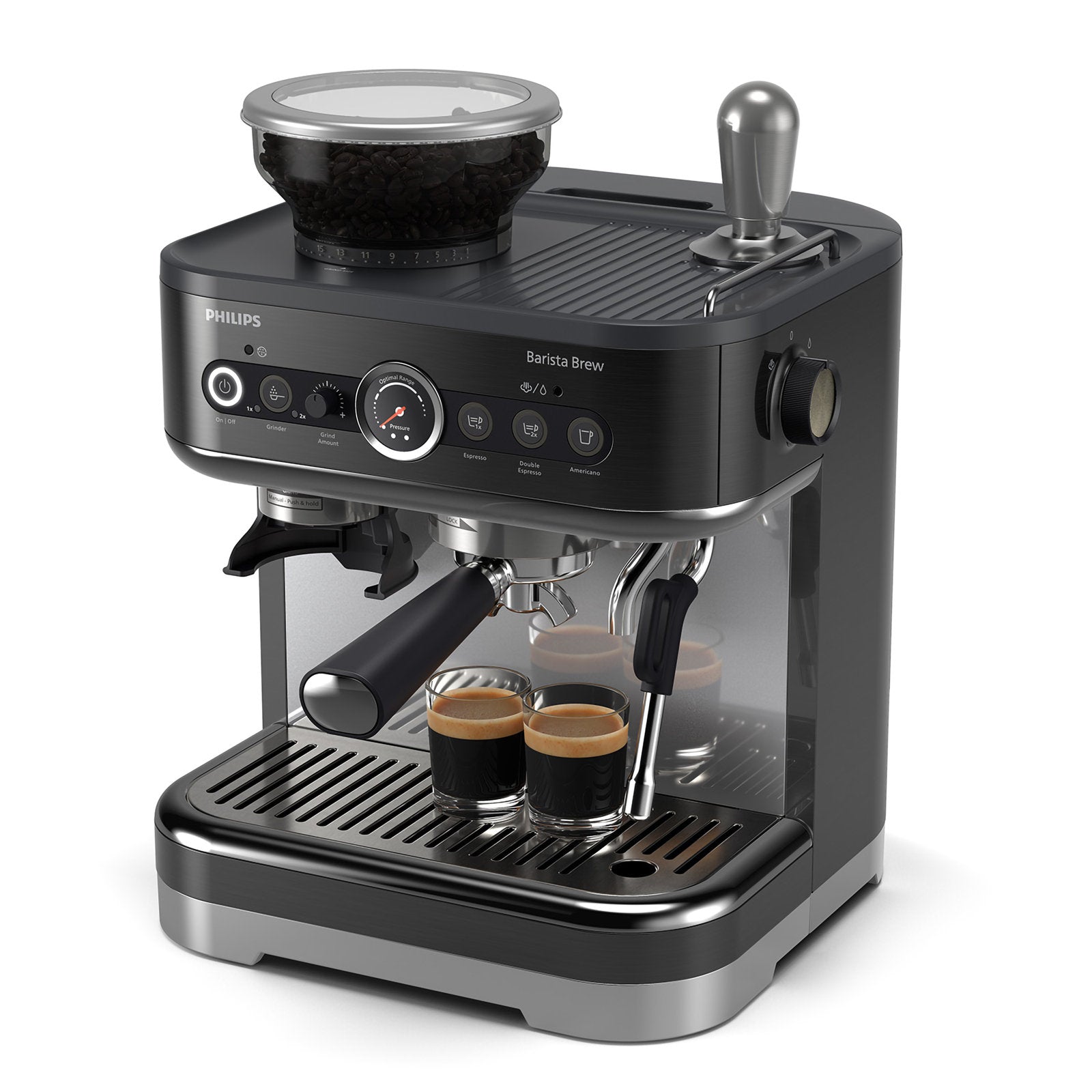 Hero | Philips Barista Brew semi-automatic espresso machine front view on kitchen counter with single bean hopper
