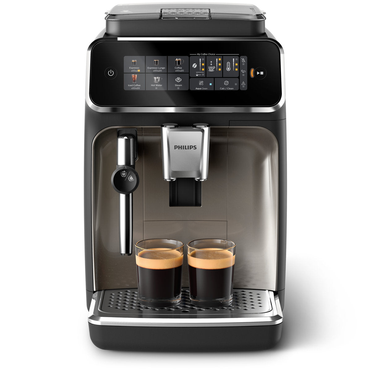 Hero | Philips 3300 Series fully automatic espresso machine front view with Classic Milk Frother on kitchen counter