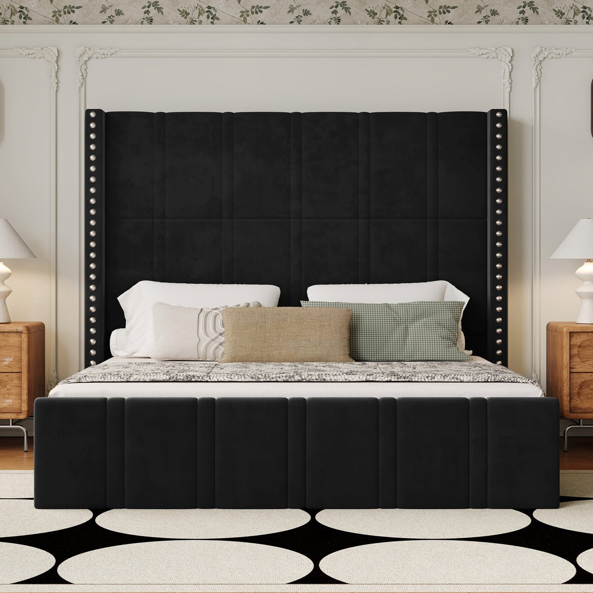 Platform Bed, King Size, Black Velvet Upholstery, Metal Frame, Nailhead Trim