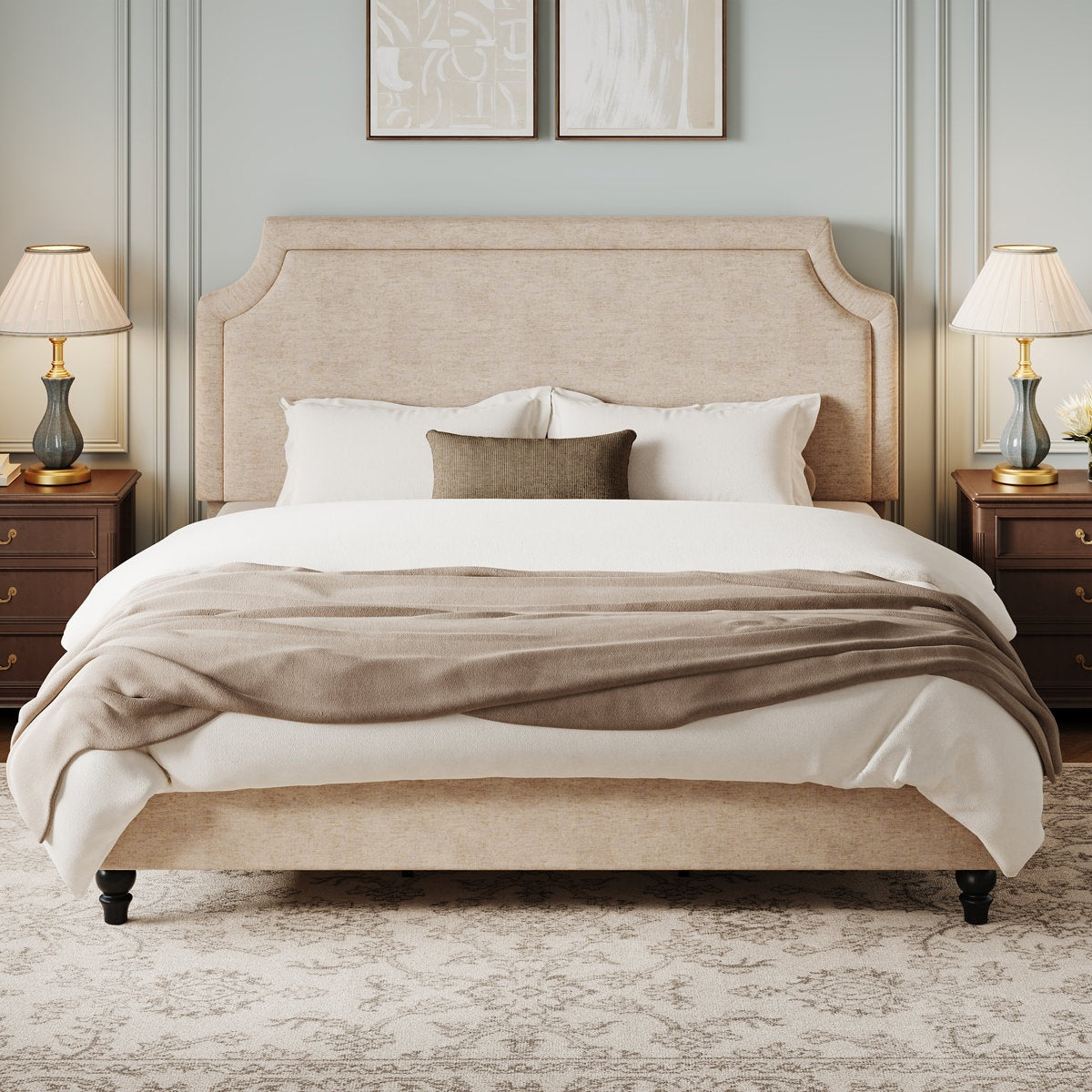 Platform Bed, King, Beige Chenille Upholstery, Solid Wood Legs