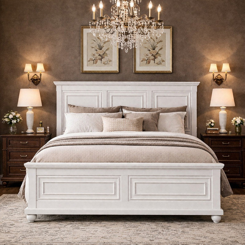 Platform Bed, King, Solid Pine and MDF Frame, White