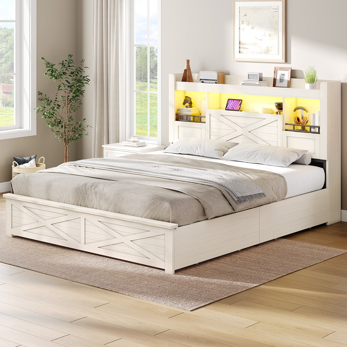 Queen Platform Bed with Storage Drawers, Wood and Metal Frame, White