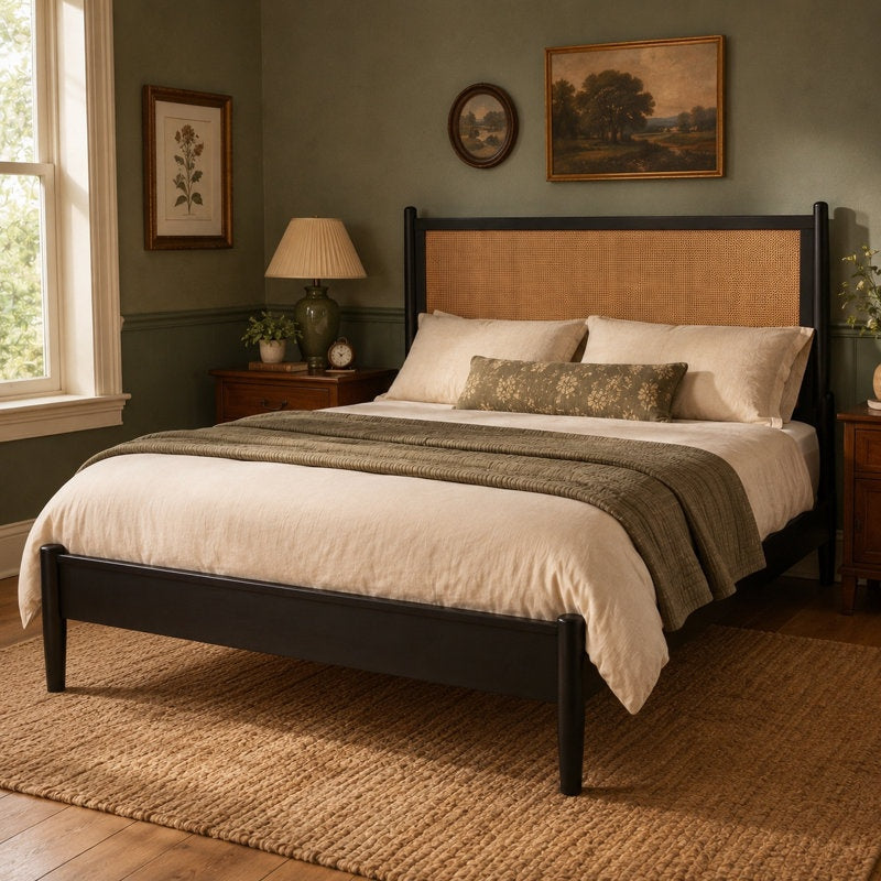 Queen Platform Bed, Wood Frame, Woven Rattan Headboard, Black