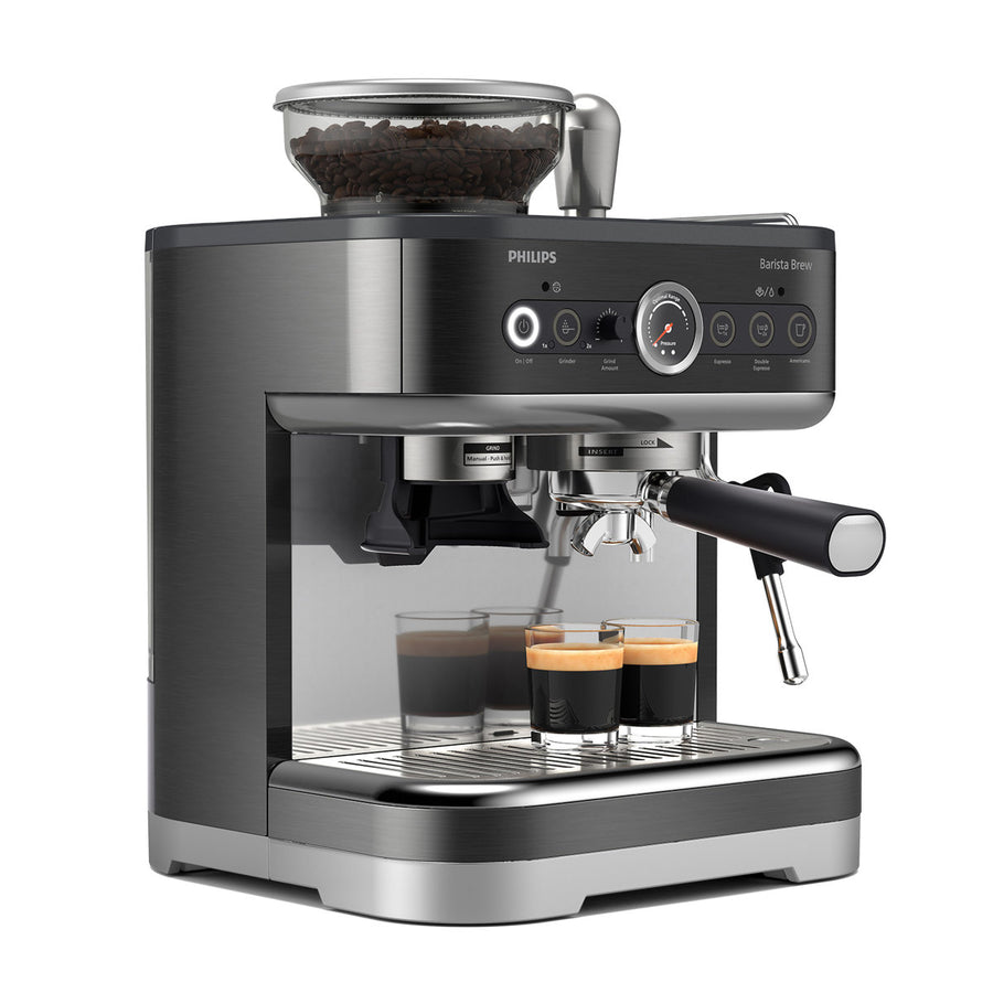 Side | Philips Barista Brew side view showing the steam wand and 450ml milk jug on the drip tray