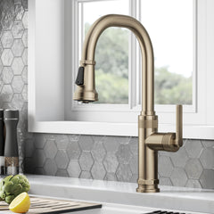 Allyn Industrial Pull-Down Single Handle Kitchen Faucet in Gold | product photo