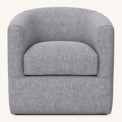 Front | gray barrel chair centered on a paper studio ground, wood base visible