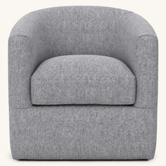 Closer | nearer studio view of the gray polyester weave and wood swivel base