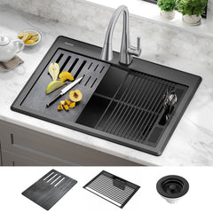 Everest™ 30" L Granite Composite Workstation Kitchen Sink Drop-In Top Mount Single Bowl with WorkFlow™ Ledge in Black | product photo