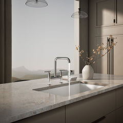 Kohler Purist Two Handle Deck-Mounted Bridge Kitchen Sink Faucet with Pull Out Side Sprayer in Polished Chrome | product photo