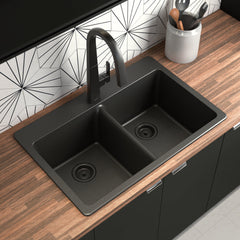 Host 33-Inch Wide x 9.5-Inch Deep Dual Mount Granite Double Bowl Kitchen Sink in Black | product photo