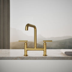 Kohler Purist Two-Hole Deck-Mount Bridge Kitchen Sink Faucet in Vibrant Brushed Moderne Brass | product photo