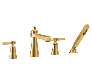 Double Handle Deck Mounted Roman Tub Faucet Trim with Handshower in Brushed Gold