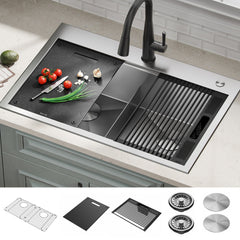 Rivet™ 33" L Workstation Kitchen Sink Drop-In Top Mount 16 Gauge Stainless Steel 50/50 Double Bowl | product photo