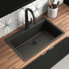 Host 33-Inch Wide x 9.5-Inch Deep Dual Mount Granite Single Bowl Kitchen Sink in Black | product photo