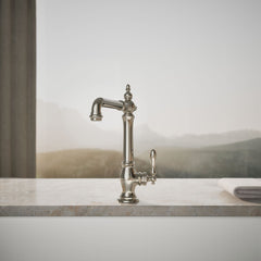Artifacts Single-Hole Kitchen Sink Faucet with 13-1/2-in Swing Spout, Victorian Spout Design in Vibrant Polished Nickel | product photo