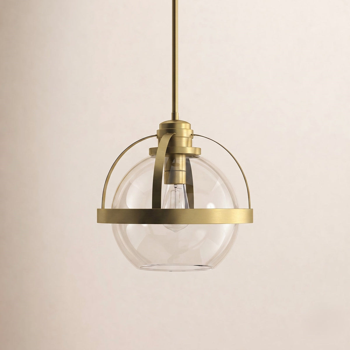 1-Light Globe Pendant with Clear Glass Shade in Brass Finish