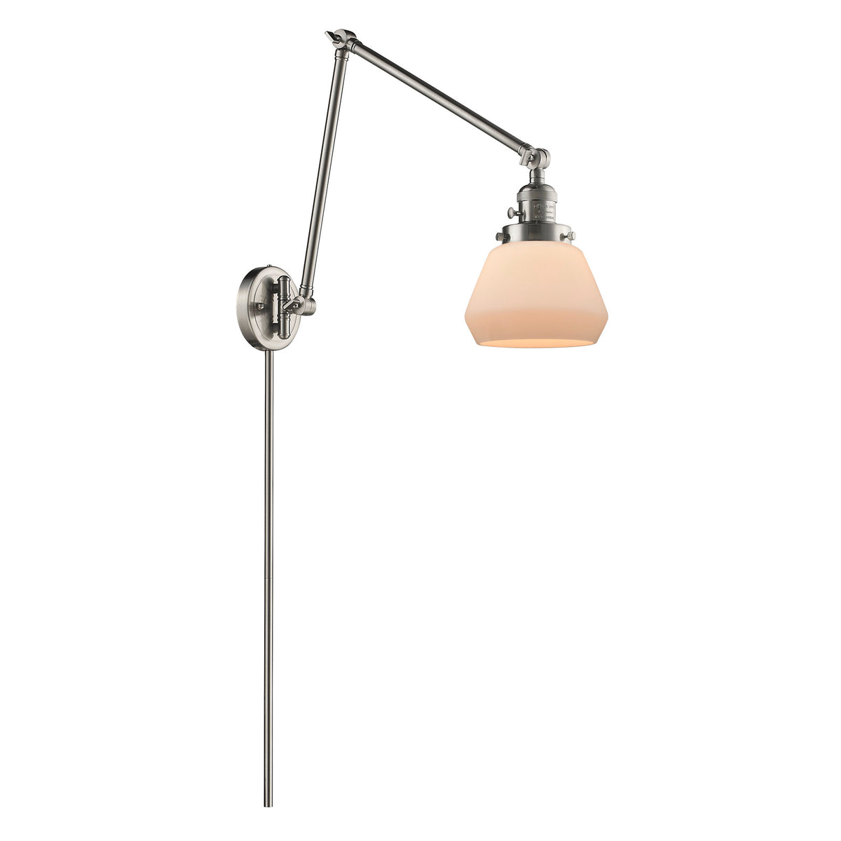 1-Light Swing Arm Wall Sconce with Matte White Glass Shade in Brushed Satin Nickel