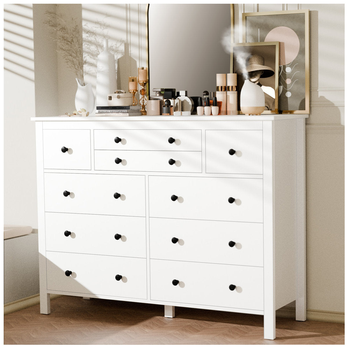 10-Drawer Dresser, Manufactured Wood, Mid-Century Wooden Legs, White