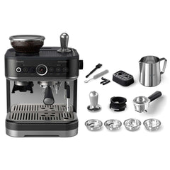 Specs | What's in the box: portafilter, tamper, filter baskets, milk jug, and cleaning tools