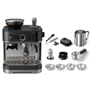 Specs | What's in the box: portafilter, tamper, filter baskets, milk jug, and cleaning tools