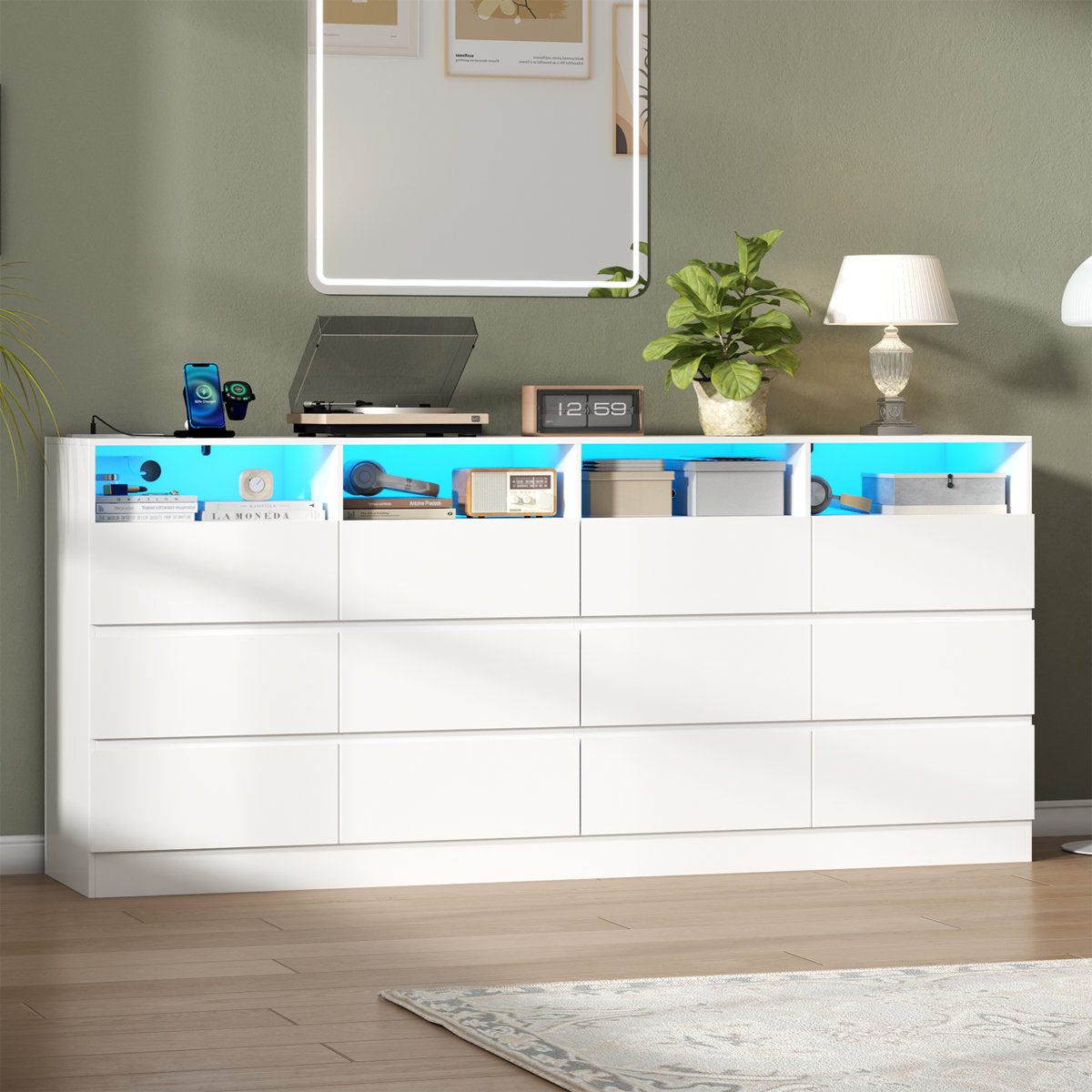 12-Drawer Storage Unit in Black Laminate with Plug-In Lighting