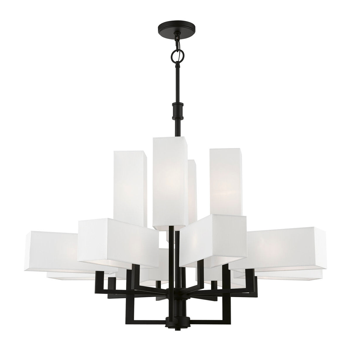 12-Light Chandelier in Matte Black Steel with White Linen Blend Shades