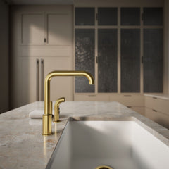 Kohler Purist Two-Hole Kitchen Sink Faucet with 8" Spout and Matching Finish Sidespray in Vibrant Brushed Moderne Brass | product photo