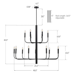 15-Light Chandelier with Metal Frame and Adjustable Downrod