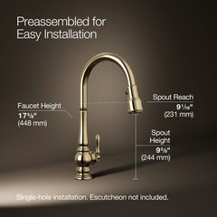 Kohler Artifacts Touchless Pull Down Kitchen Sink Faucet with Three-Function Sprayhead in Vibrant French Gold | product photo