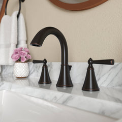 Saxton Double Handle Widespread Bathroom Faucet with Drain Assembly in Tuscan Bronze | product photo