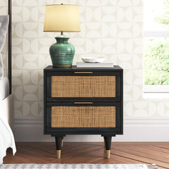 2-Drawer Chest, Cane Frame, Solid Wood Top, Black/Brown