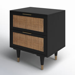 2-Drawer Chest, Cane Frame, Solid Wood Top, Black/Brown