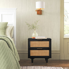 2-Drawer Chest, Cane Frame, Solid Wood Top, Black/Brown