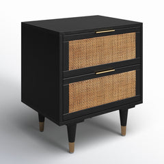 2-Drawer Chest, Cane Frame, Solid Wood Top, Black/Brown