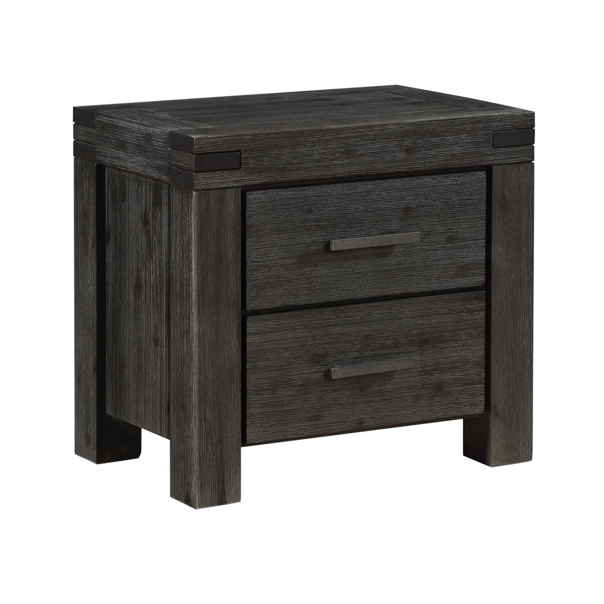 2-Drawer Nightstand, Solid Acacia Wood, Wire Brushed, Black Metal Handles