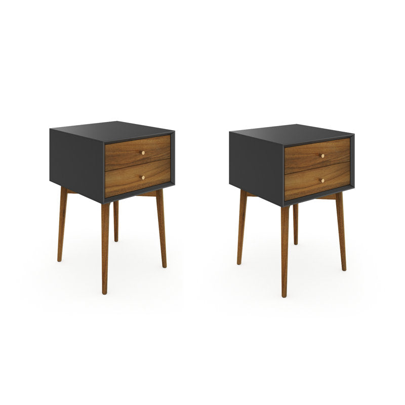 2-Drawer Nightstands, Set of 2, Black and Brown Mid-Century Style
