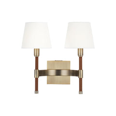 2-Light Wall Sconce in Time Worn Brass with White Linen Shade