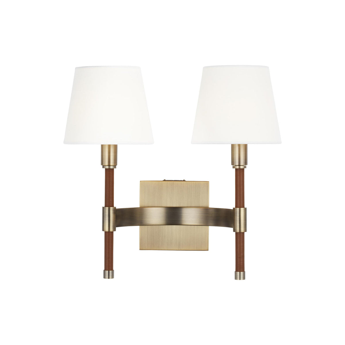 2-Light Wall Sconce in Time Worn Brass with White Linen Shade