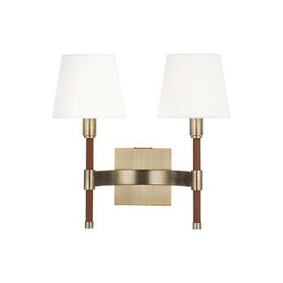 2-Light Wall Sconce in Time Worn Brass with White Linen Shade